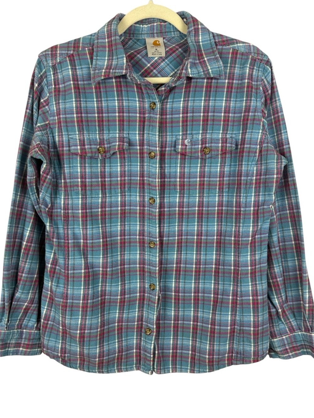 Carhartt for Women Blue Plaid Flannel Button Down Shirt Medium M Relaxed Fit